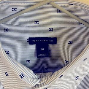 Brand new, boy’s Tommy Hilfiger shirt. Blue/white stripe.
